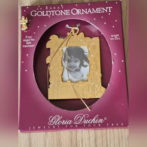 VtgNIB 24 Karat Goldtone Gloria Duchin Teddy Bear Christmas Frame With Angel Pin